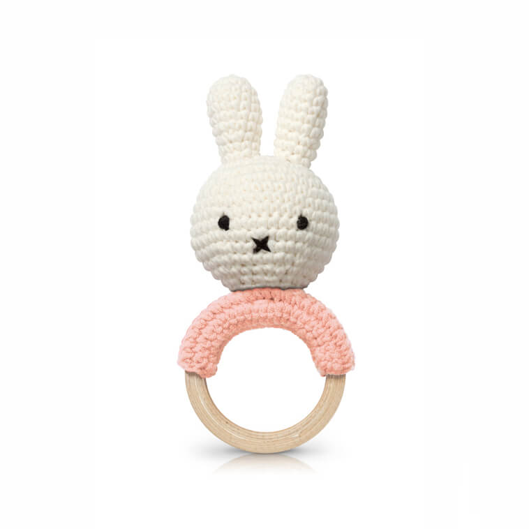 Miffy Teething Ring Rattle In Pastel Pink by Miffy Handmade