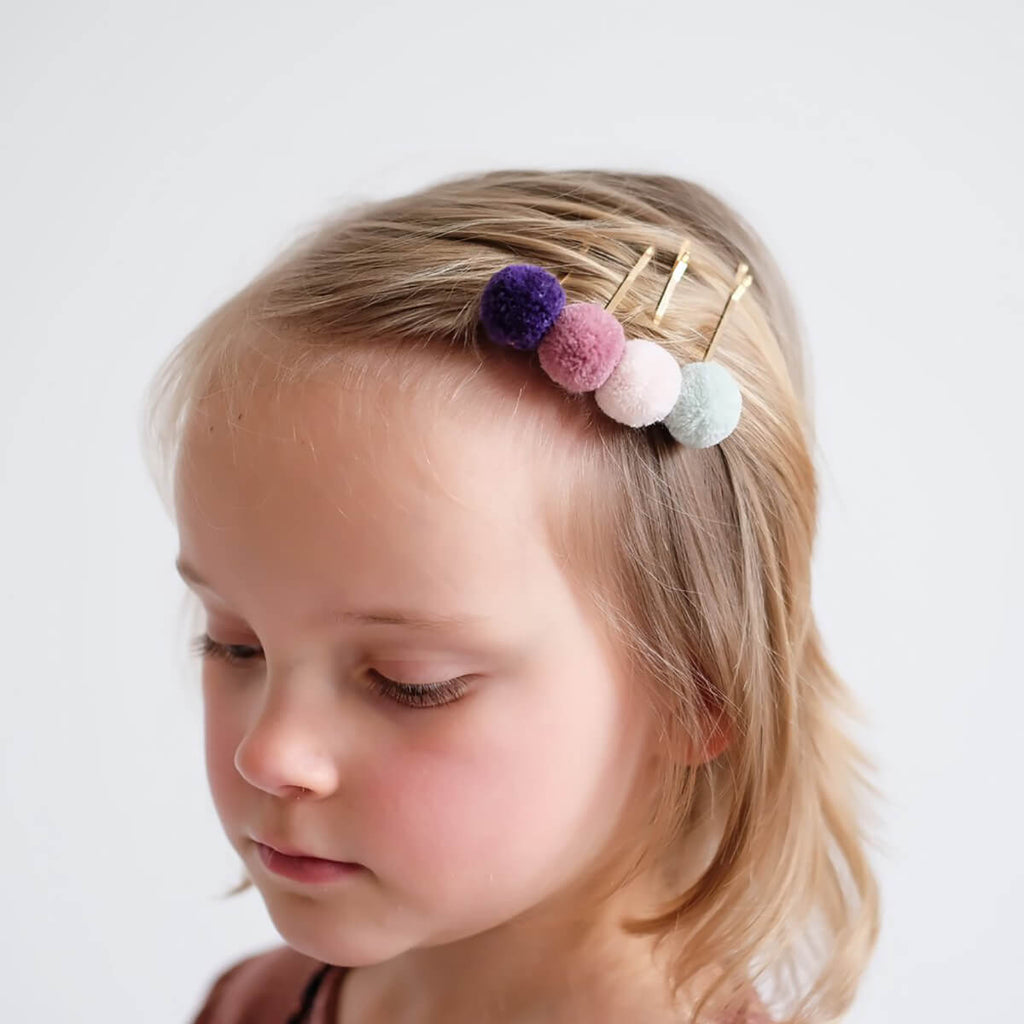 Mini Pom Pom Hair Pins in Dark Multicolour by Mimi & Lula