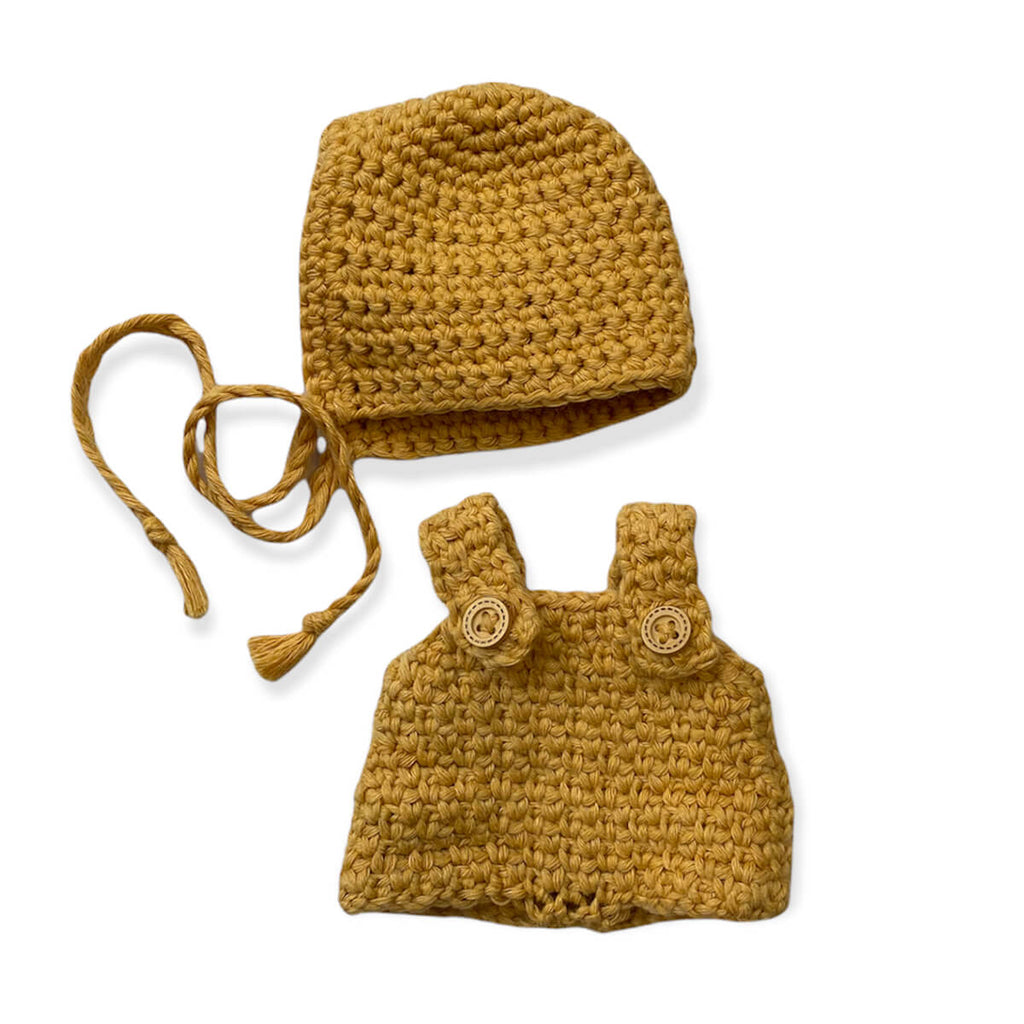 Crochet Hat And Romper Set (21cm Doll) in Mustard by Minikane