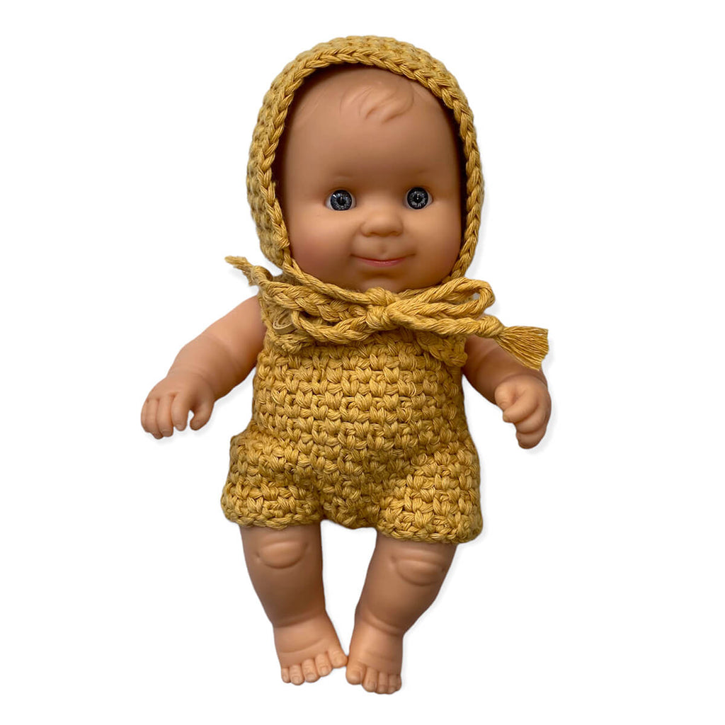 Crochet Hat And Romper Set (21cm Doll) in Mustard by Minikane
