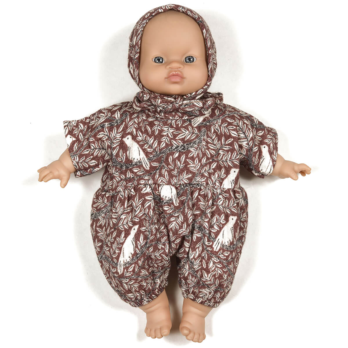 Noa Romper and Bonnet Set (28cm Doll) in Dove Print by Minikane