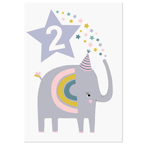 Age 2 Elephant Greetings Card (White Background) by Natalie Alex