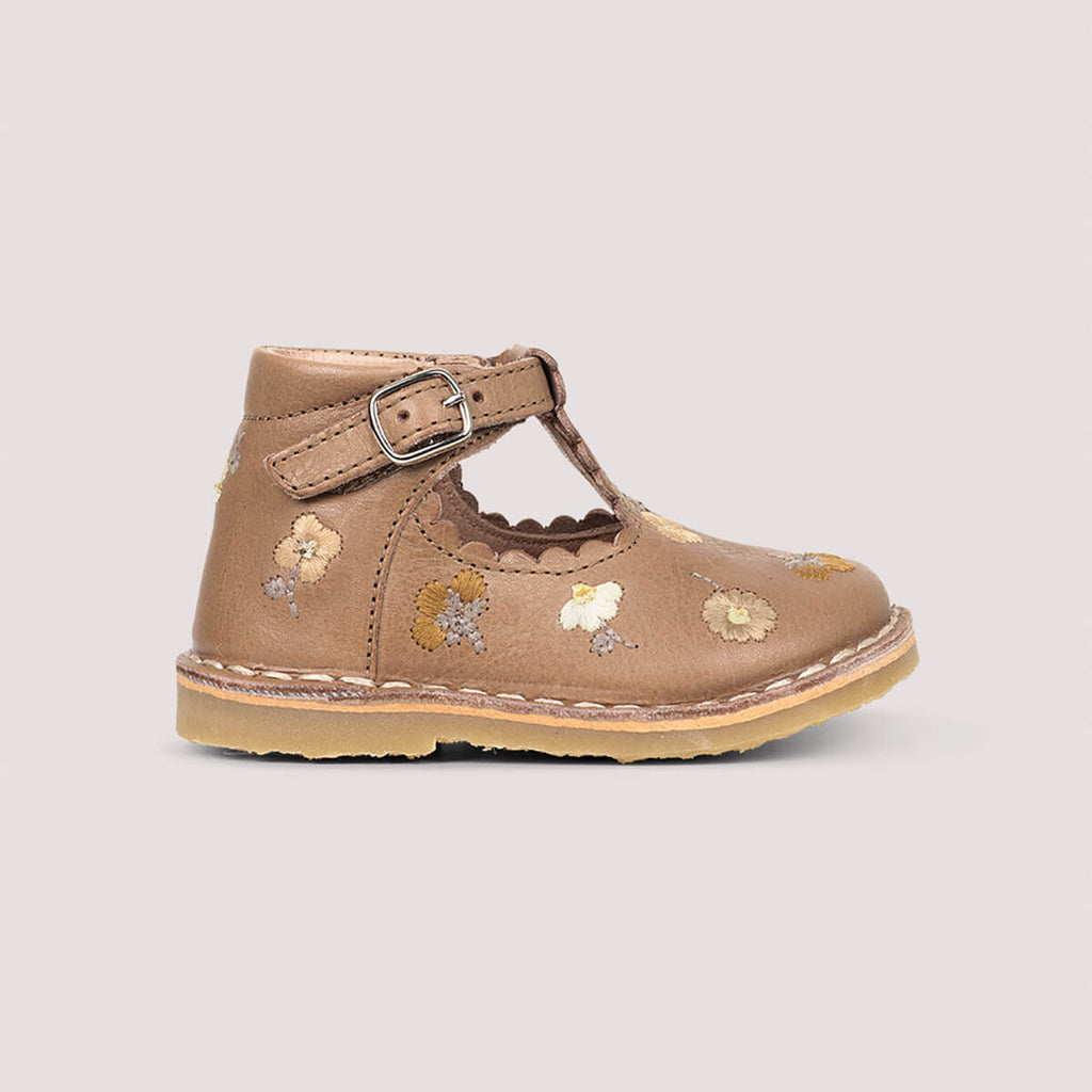 Uniqua Flower Scallop T Bar Starter Shoes in Latte by Petit Nord