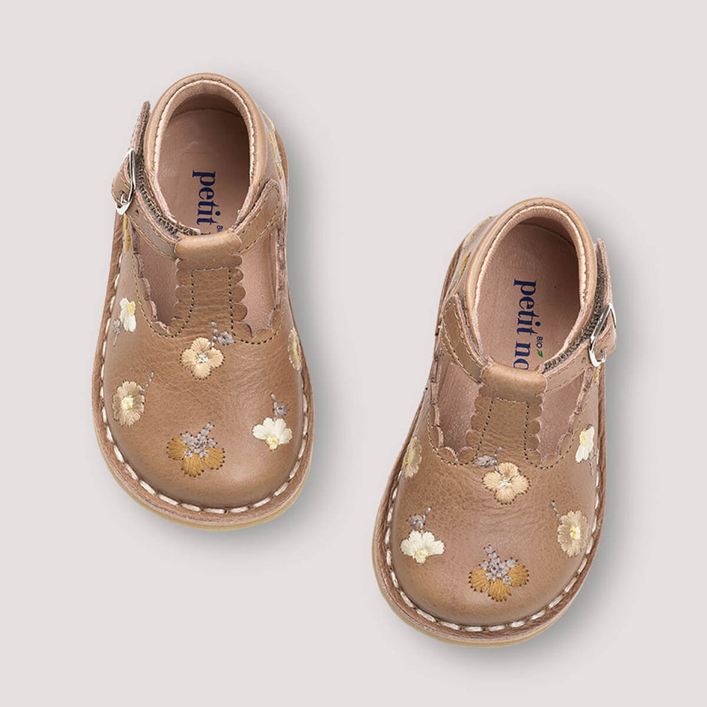 Uniqua Flower Scallop T Bar Starter Shoes in Latte by Petit Nord