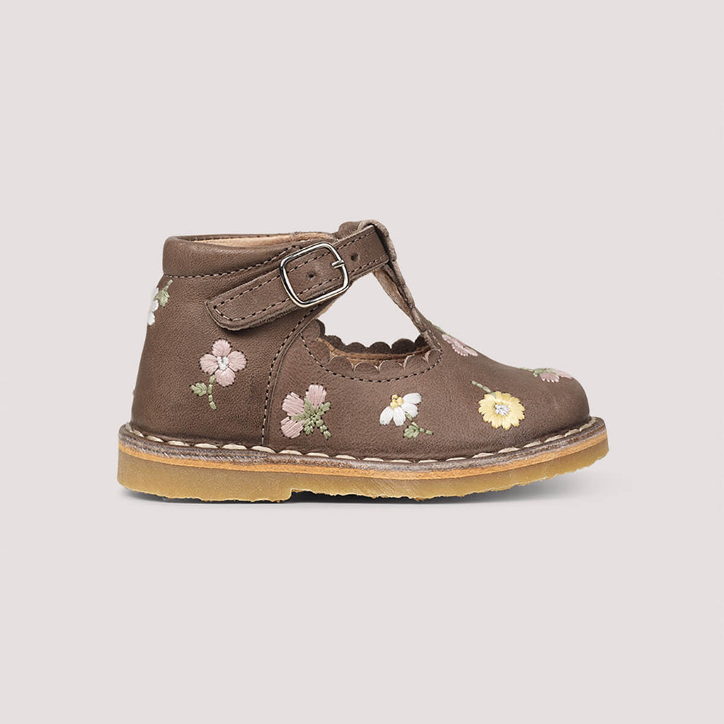 Uniqua Flower Scallop T Bar Starter Shoes in Taupe by Petit Nord