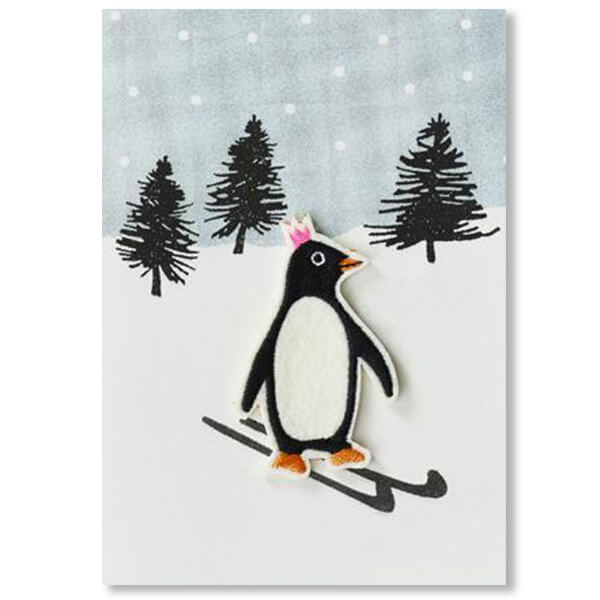 Penguin on Skis Iron On Patch Christmas Card by Petra Boase
