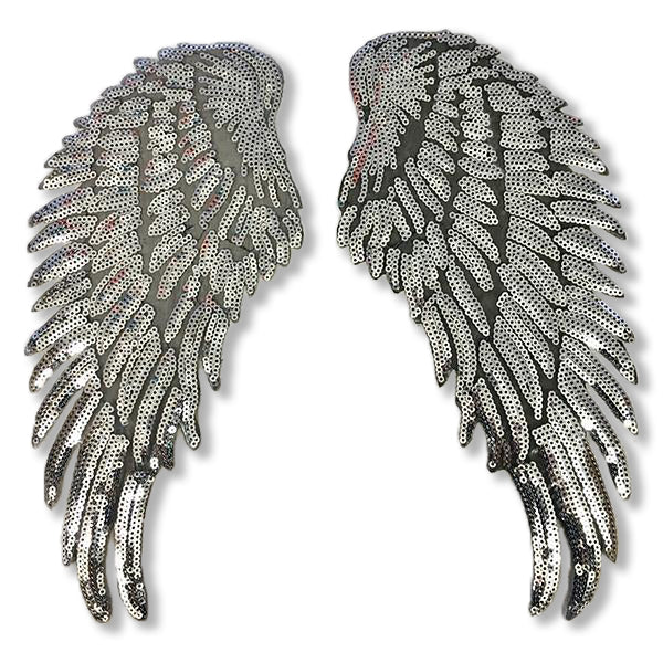 Set of 2 Large Silver Sequin Wings Iron On Patches by Petra Boase