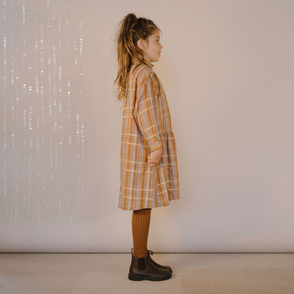 Boxy Shirt Dress in Golden Check by Repose AMS