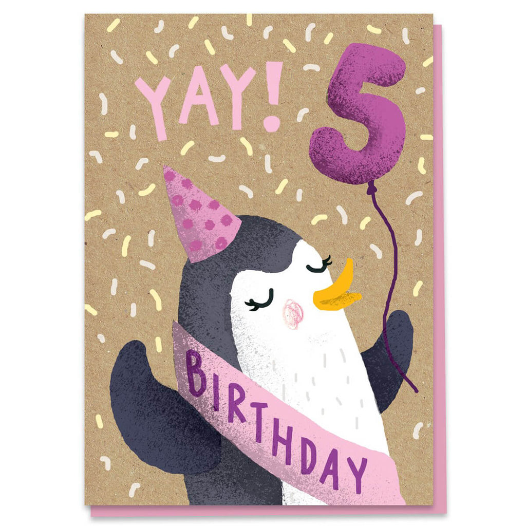 5th Birthday Penguin Greetings Card by Stormy Knight