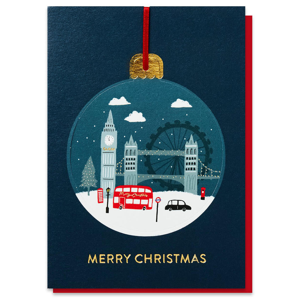 London In The Snow Bauble Christmas Greetings Card by Stormy Knight