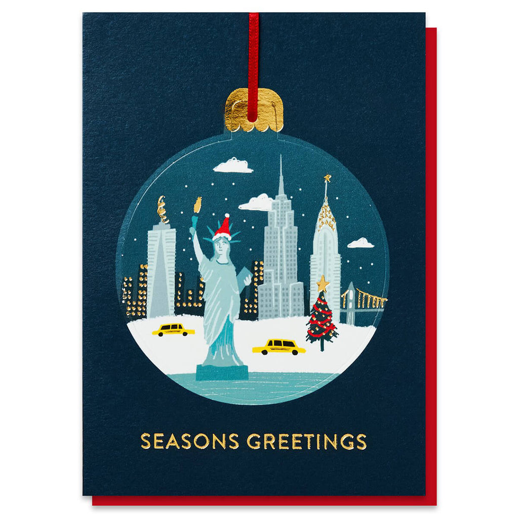 New York In The Snow Bauble Christmas Greetings Card by Stormy Knight