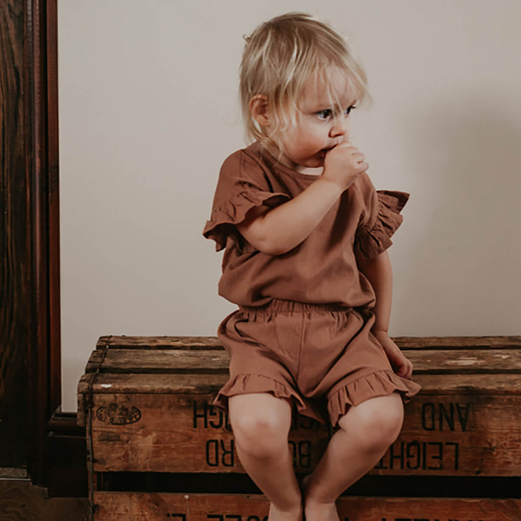 The Frill Linen Shorts in Cinnamon by The Simple Folk