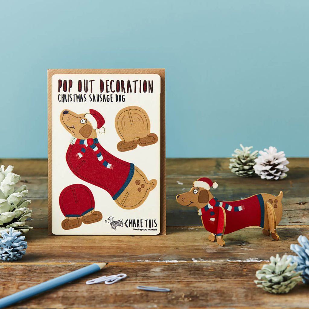 Christmas Sausage Dog Pop Out Decoration And Christmas Card by The Pop Out Card Company