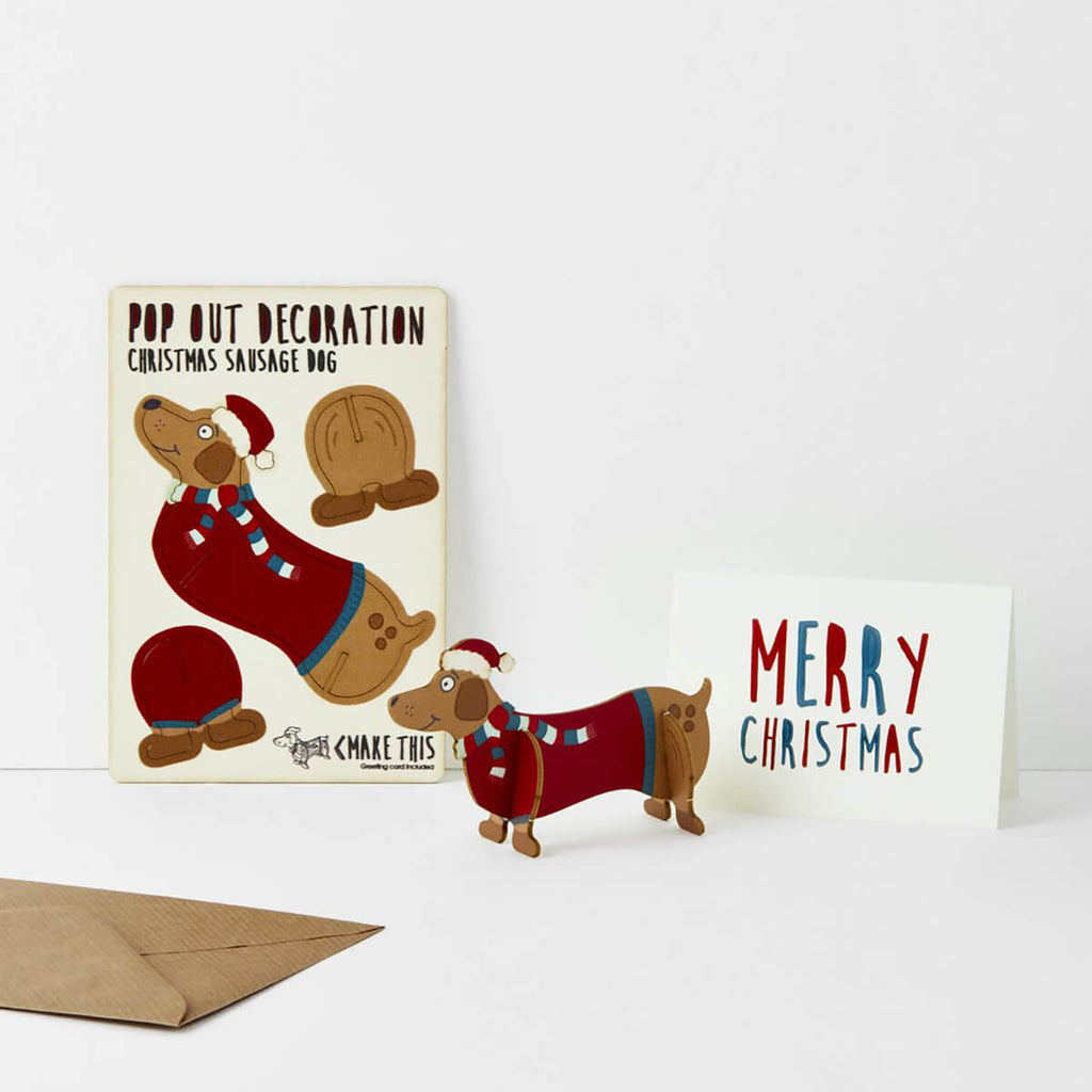 Christmas Sausage Dog Pop Out Decoration And Christmas Card by The Pop Out Card Company