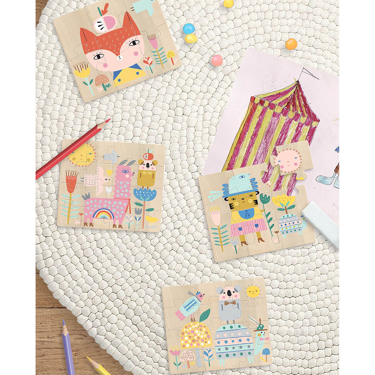 Suzy Ulman Evolutive Wooden Jigsaw Puzzles by Vilac (Set of 4)