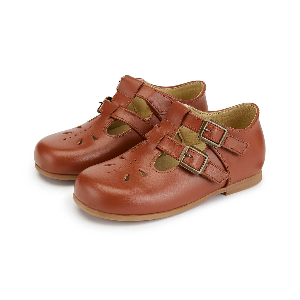Lucy Double Strap T-Bar Shoes in Cognac Leather by Young Soles