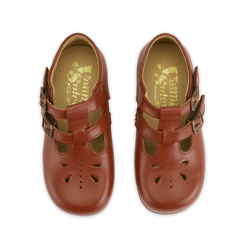 Lucy Double Strap T-Bar Shoes in Cognac Leather by Young Soles
