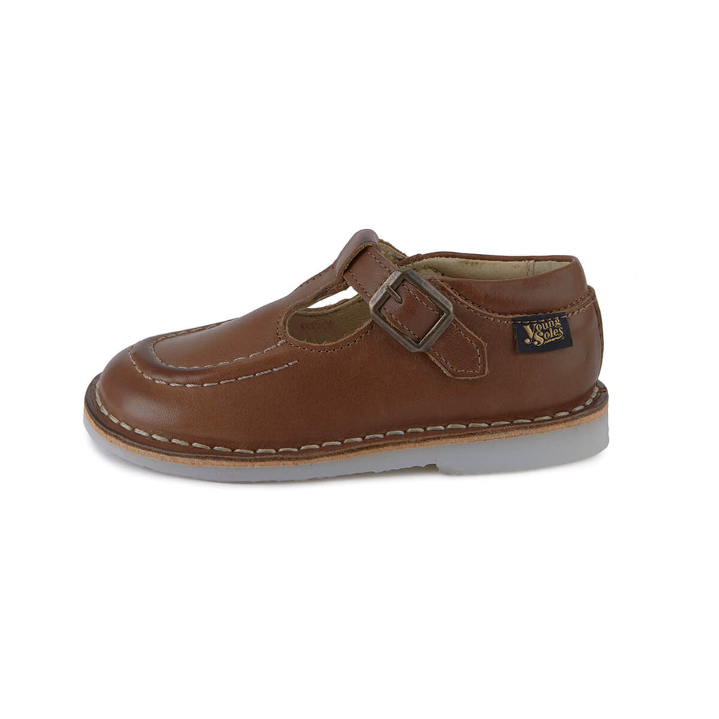 Parker Velcro T-Bar Shoes in Burnished Tan Leather by Young Soles