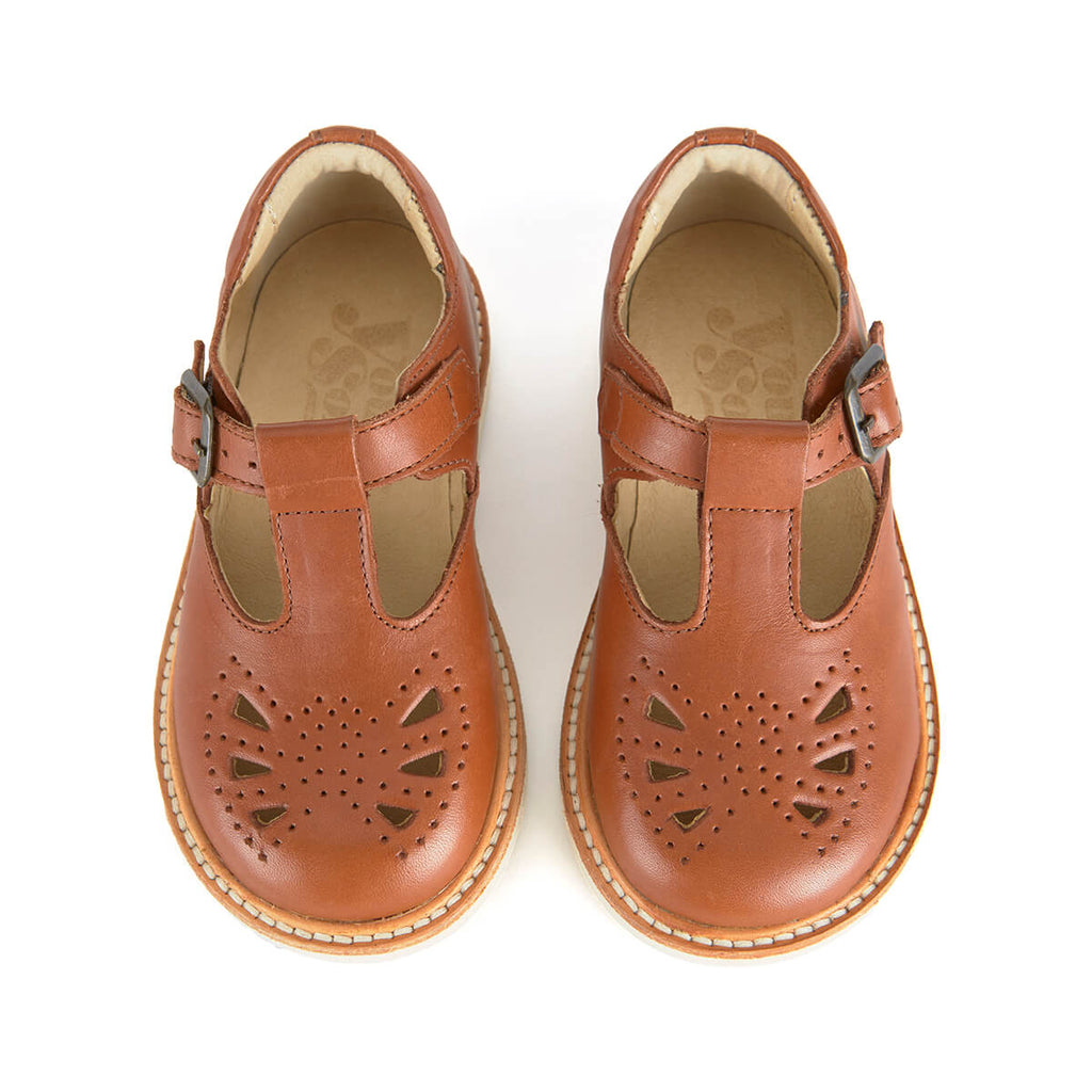 Rosie T-Bar Shoes in Chestnut Brown Leather by Young Soles