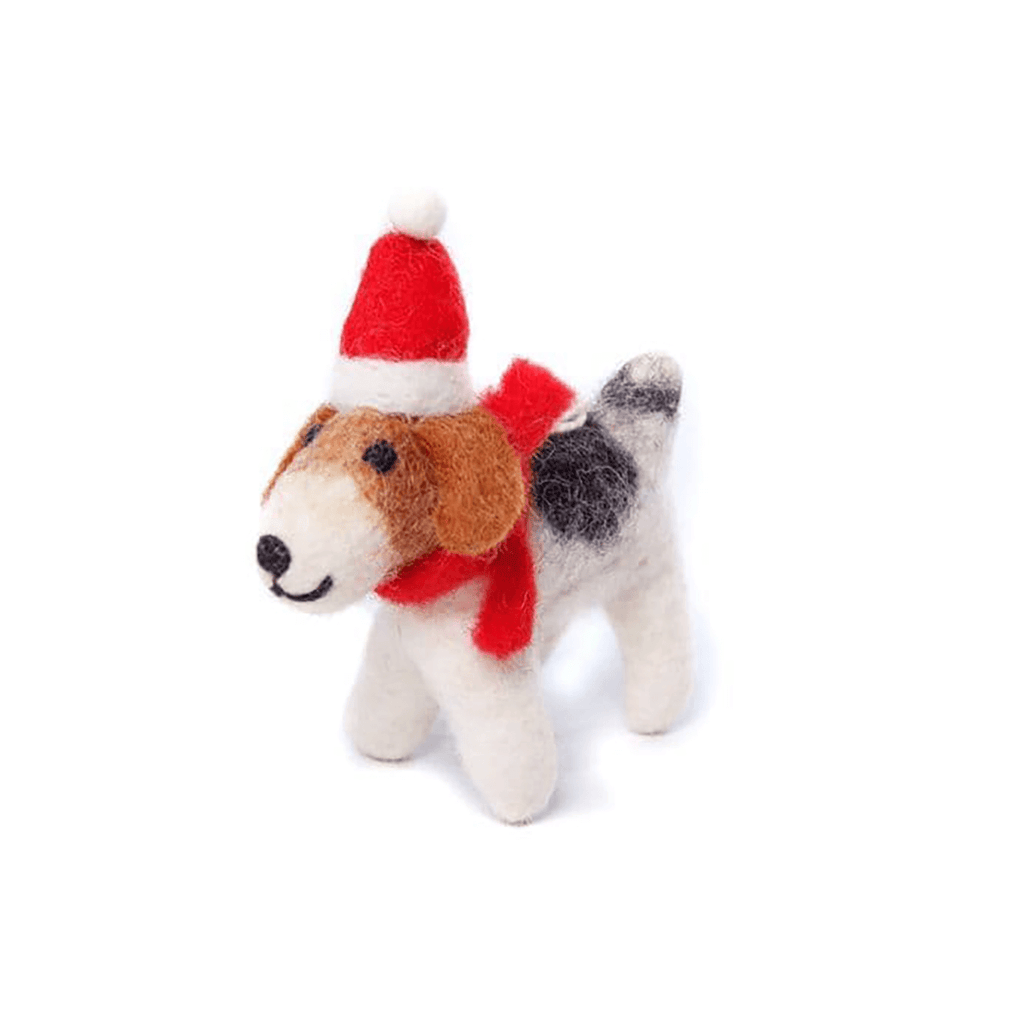 Fox Terrier With Santa Hat and Scarf Felt Tree Decoration by Amica