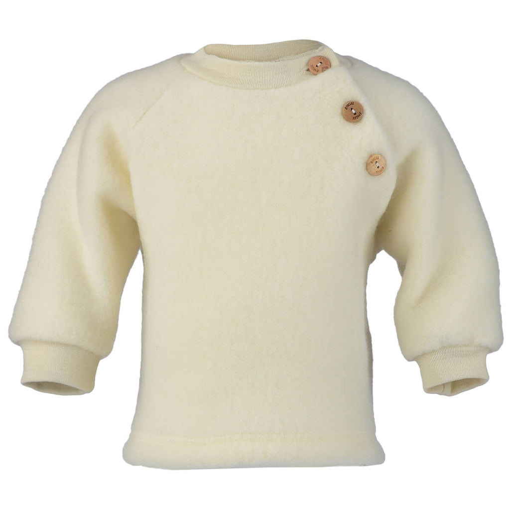 Wool Fleece Raglan Baby Sweater with Wooden Shoulder Buttons in Natural by Engel