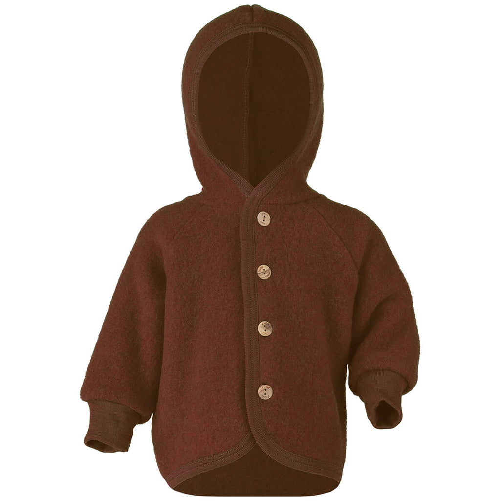 Wool Fleece Hooded Baby Jacket with Wooden Buttons in Cinnamon Melange by Engel