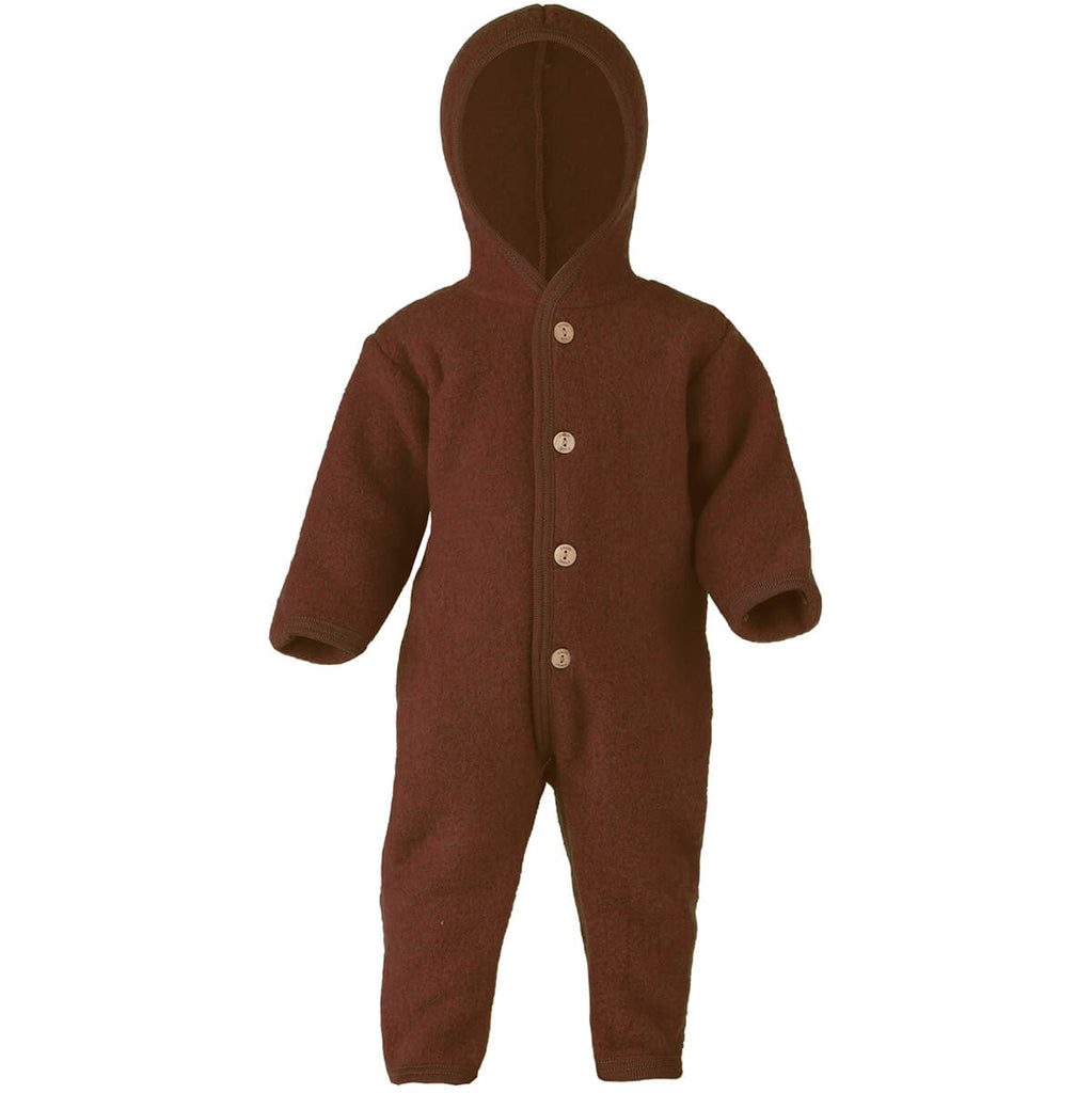 Wool Fleece Hooded Baby Overall with Buttons in Cinnamon Melange by Engel