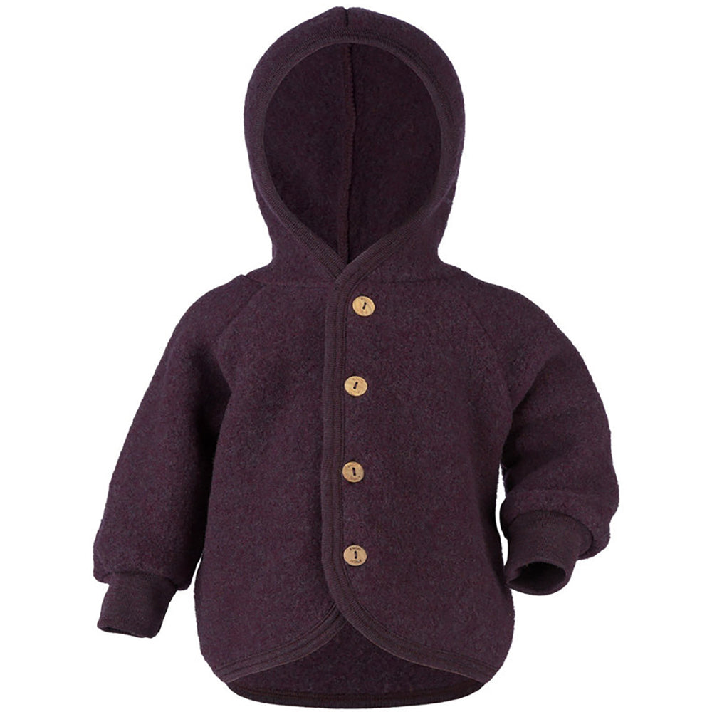 Wool Fleece Hooded Baby Jacket with Wooden Buttons in Purple Melange by Engel