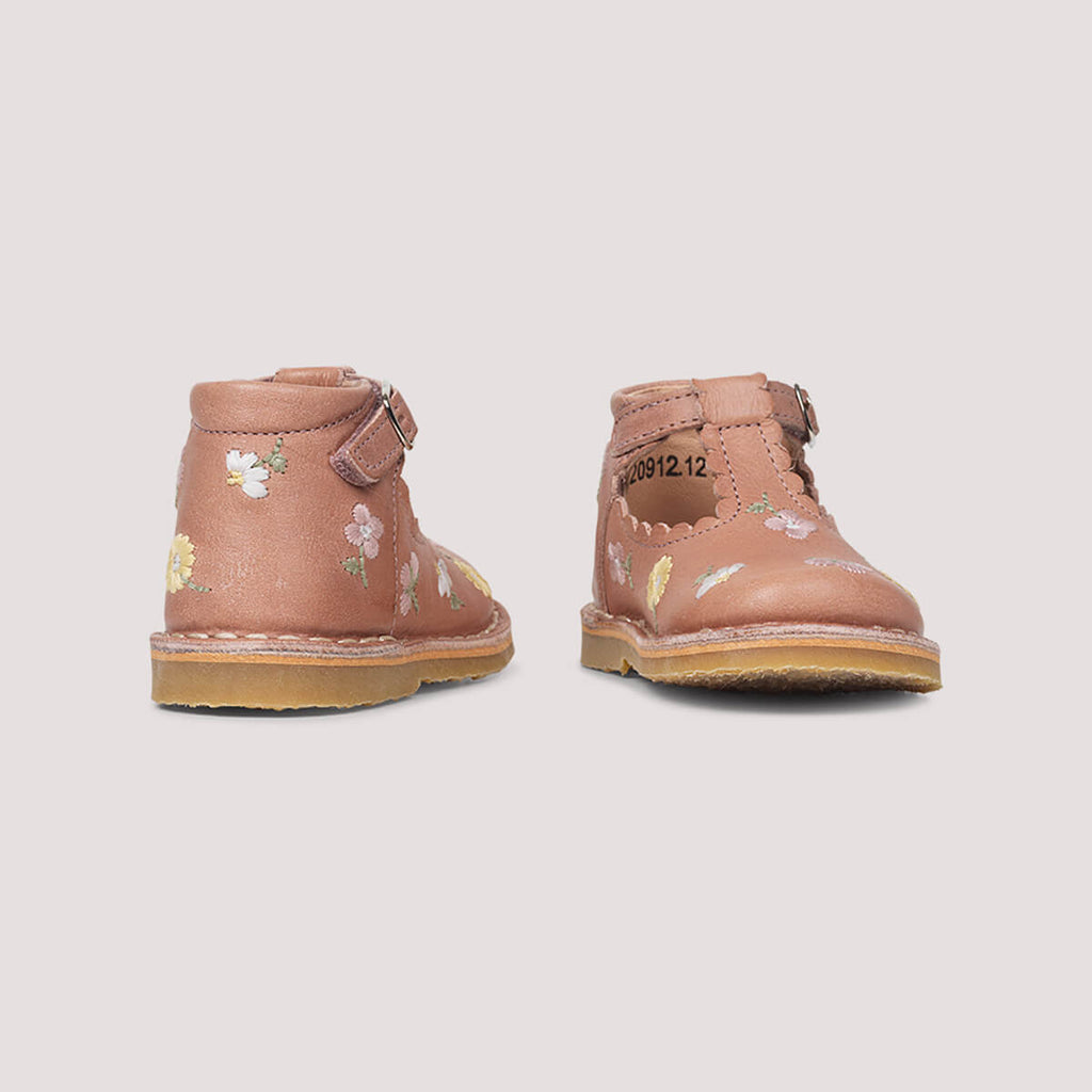 Uniqua Flower Scallop T Bar Starter Shoes in Old Rose by Petit Nord
