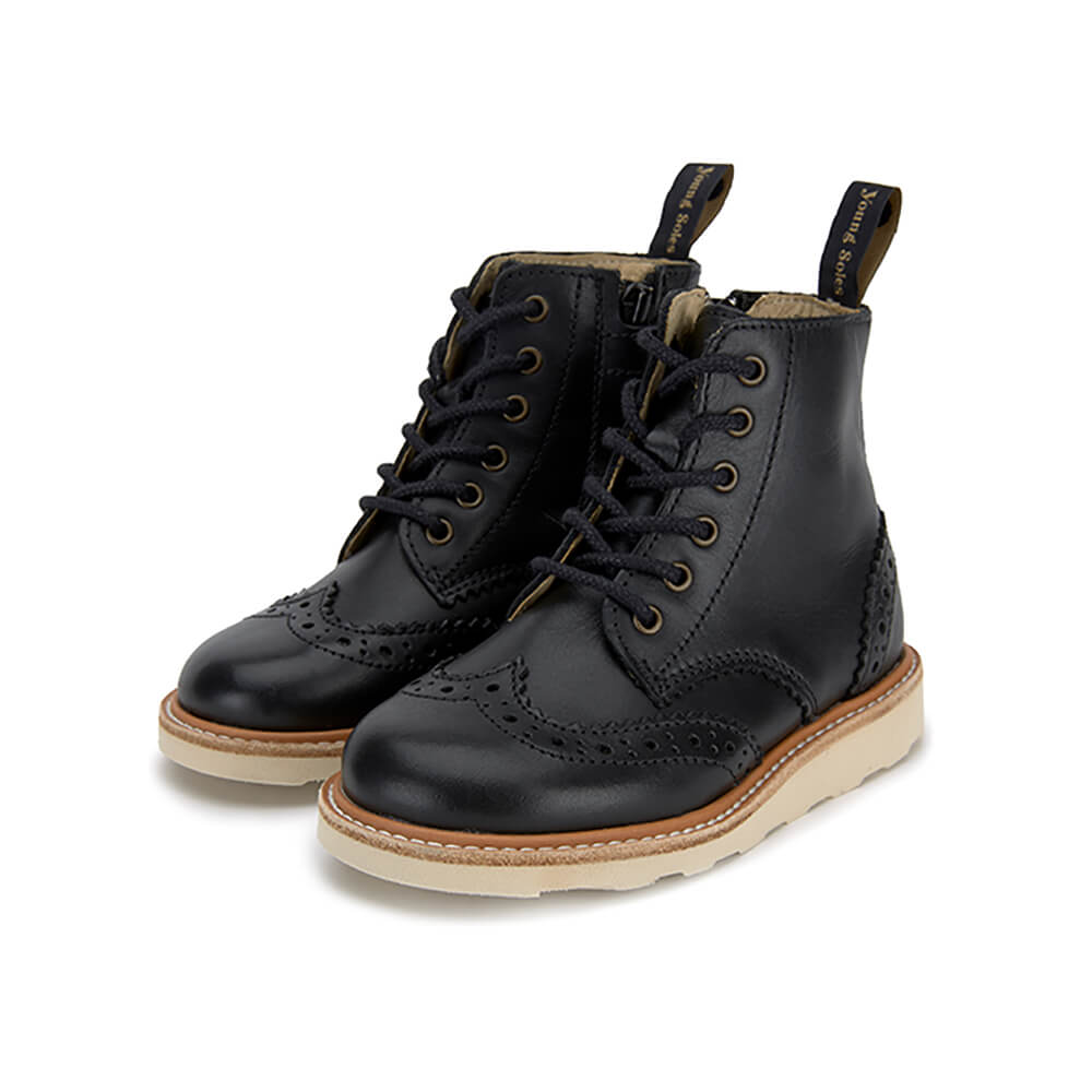 Sidney Brogue Boots in Black Leather by Young Soles